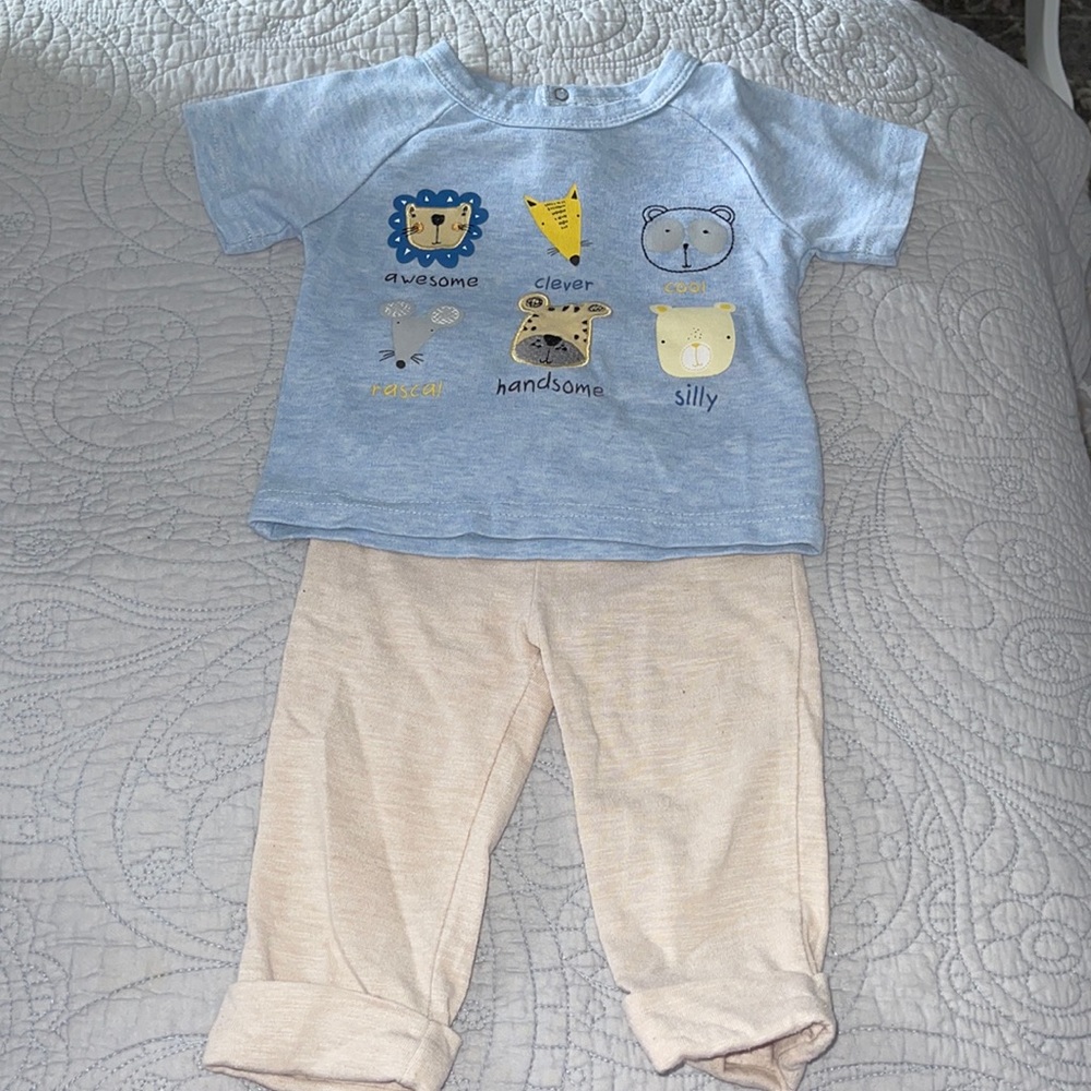 Two piece 6-9 months outfit. Pants have a cuff. Top animal print. Embroidery
